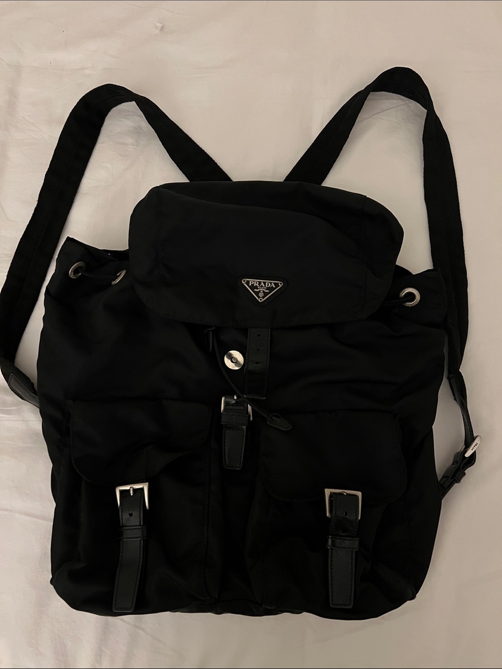 Prada Black Nylon Drawstring Backpack with Front Pockets - Men